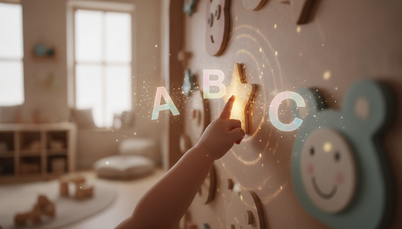 La mano de un niño toca una estrella brillante en una pared táctil mientras letras pastel flotan alrededor