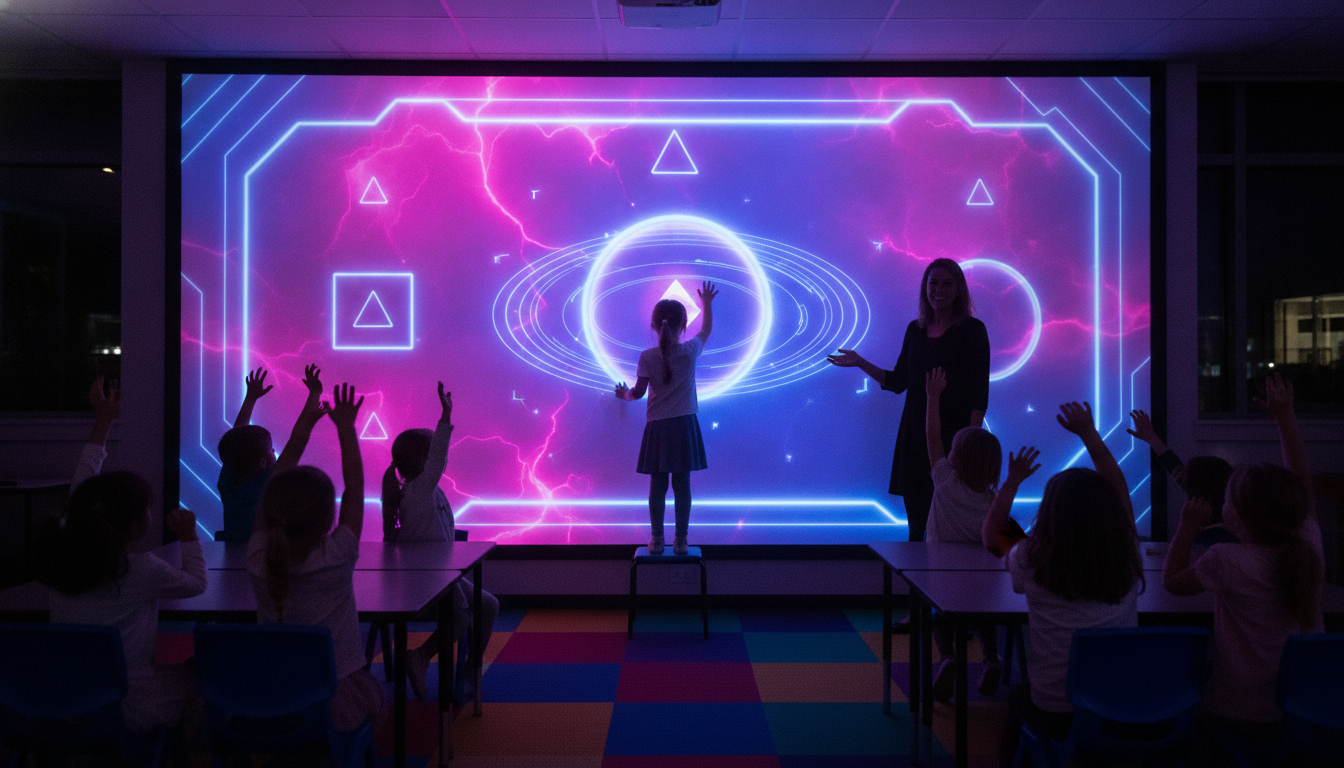 Alumnos de primaria resuelven ecuaciones tocando una pared proyectada