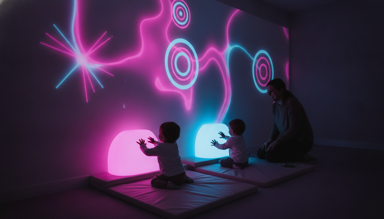 Bebés y cuidadoras juegan con luces proyectadas en el piso de una sala de estimulación