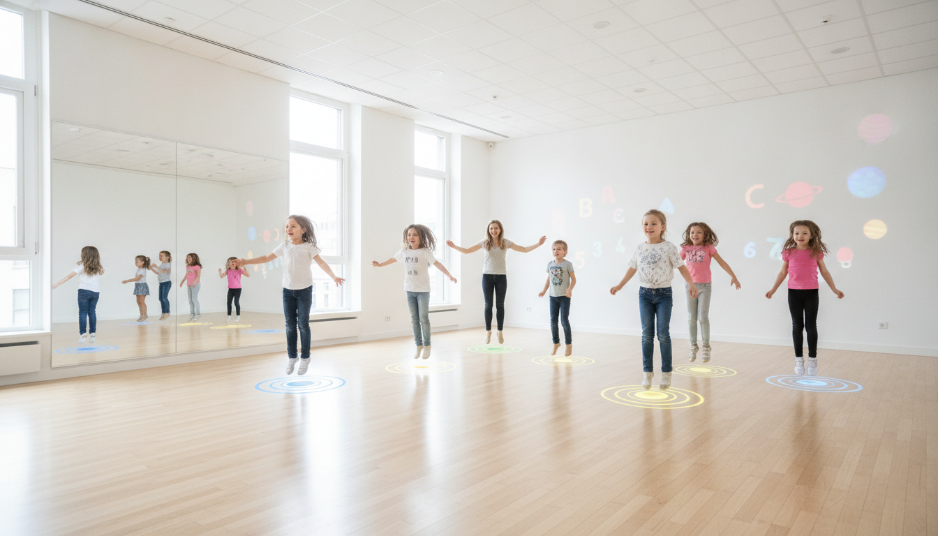 Niños siguen marcas de pasos brillantes proyectadas en un estudio de baile luminoso