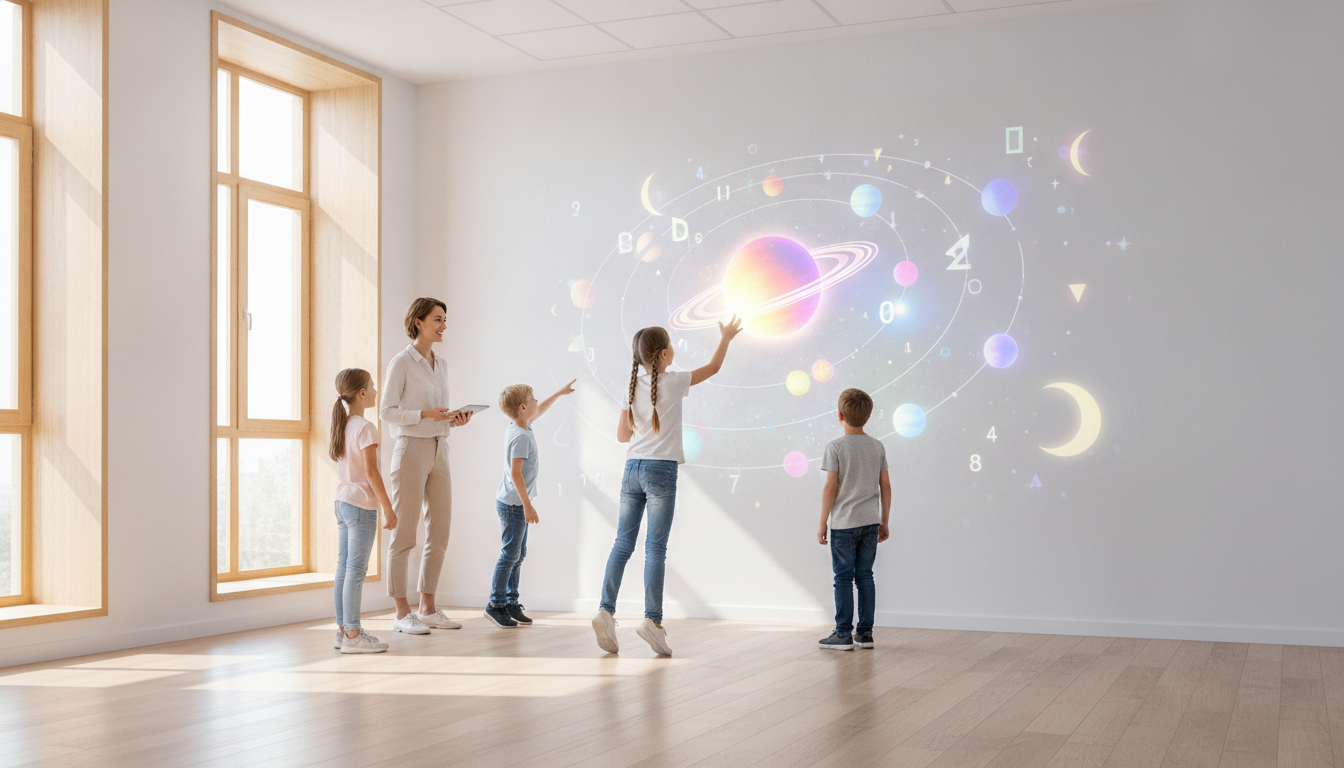 Niños saltan para tocar planetas proyectados en la pared de un aula luminosa