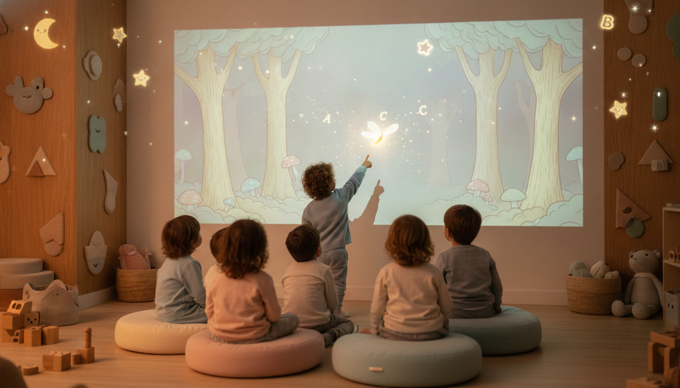 Niños de preescolar miran un bosque de cuento animado proyectado en la pared