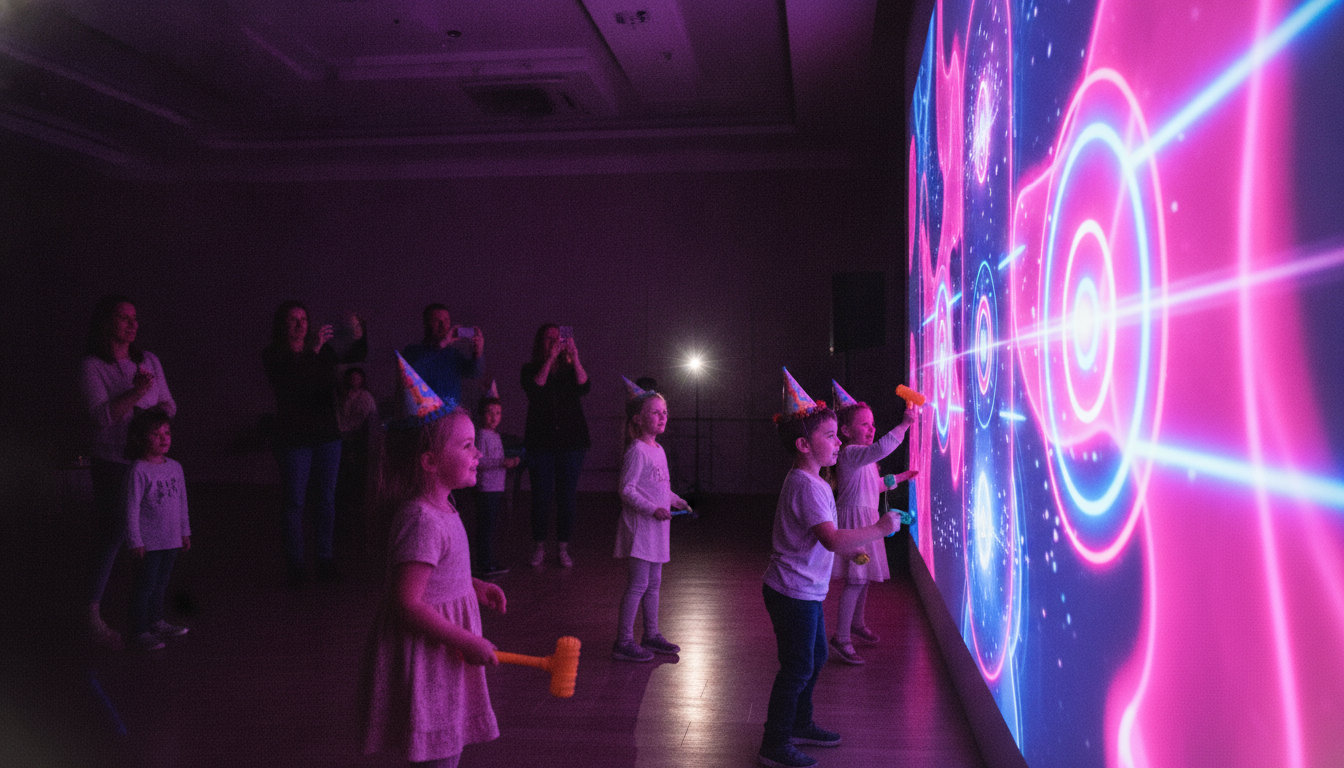 Niños celebran un cumpleaños jugando frente a una proyección interactiva en un salón de fiestas