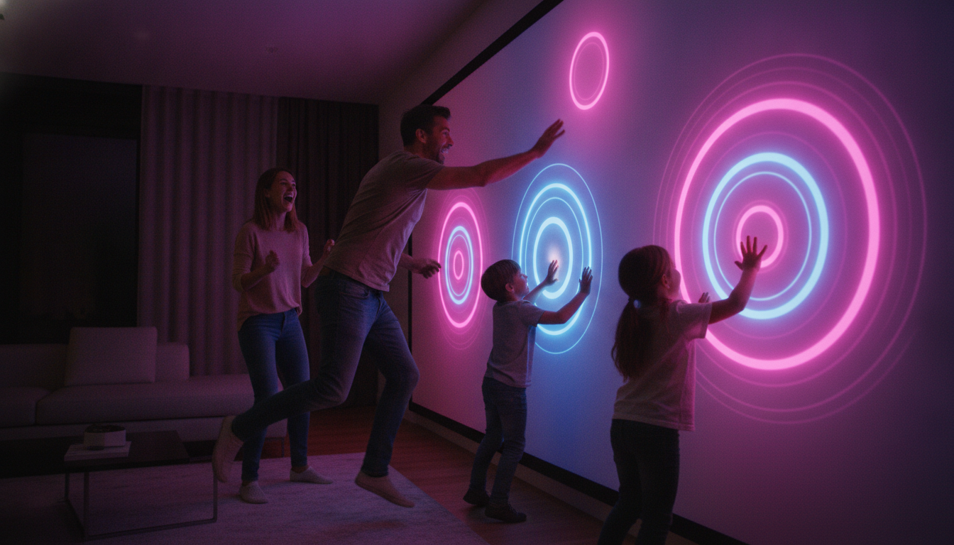 Padres e hijos compiten en un juego proyectado en la pared de su casa