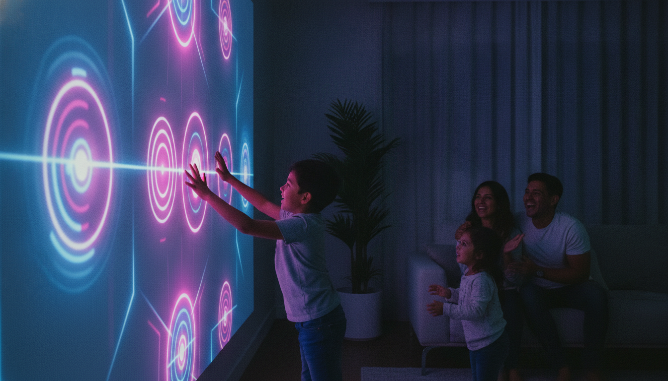 Una familia juega frente a una pared interactiva gigante en su sala