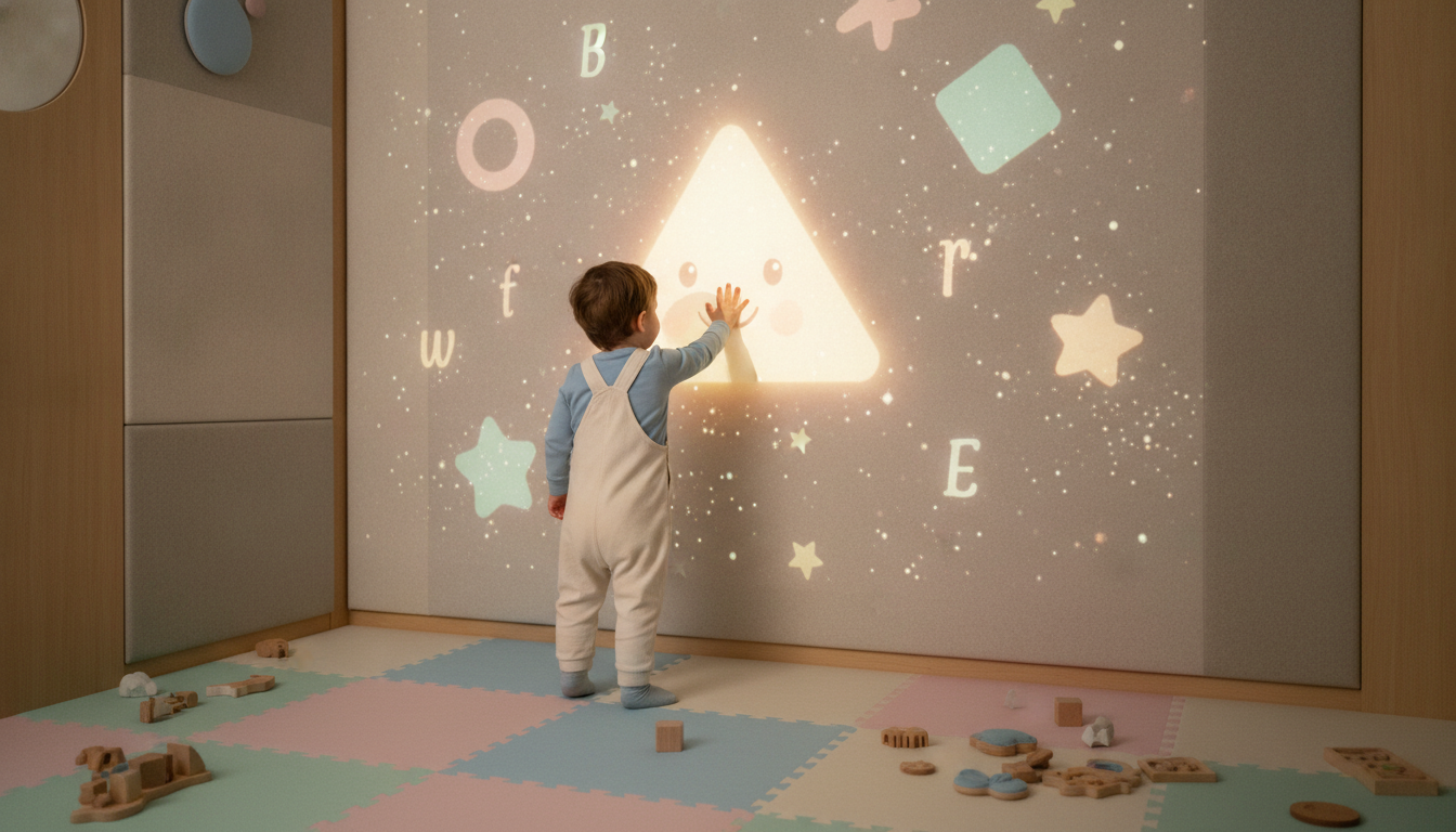 Un niño pequeño toca un triángulo sonriente proyectado en una pared acolchada