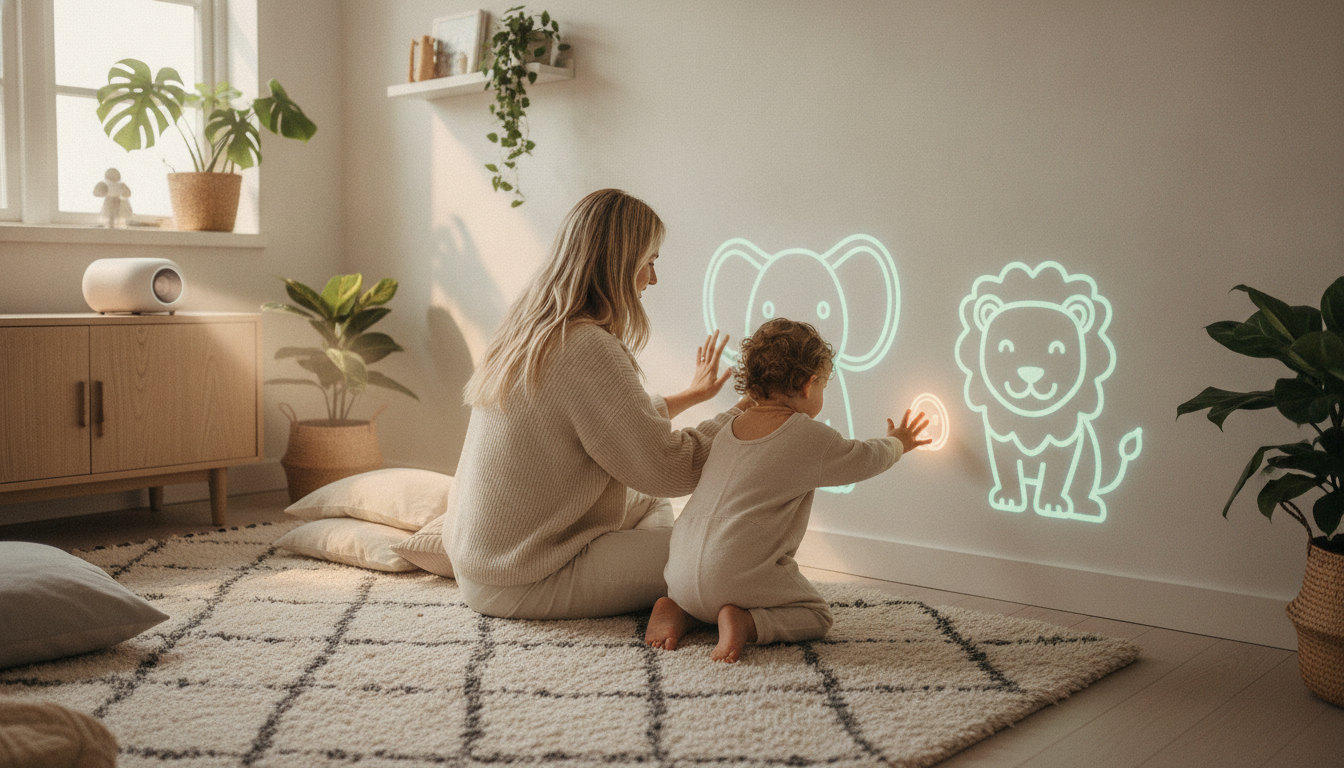Una mamá y su bebé tocan animales brillantes proyectados en la pared de un cuarto infantil de día