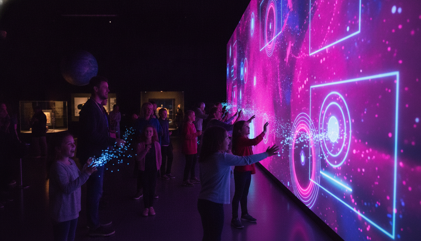 Visitantes de un museo exploran una exhibición interactiva proyectada en la pared